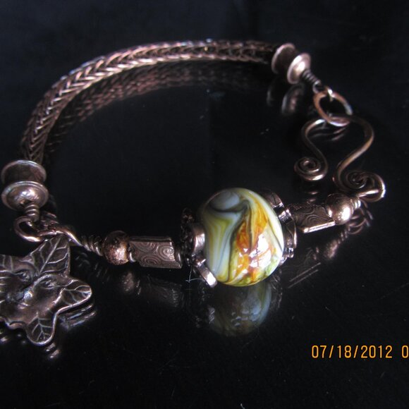 VIKING WEAVE BRACELET - Copper with Lampwork Bead - Maple Leaf Charm - Handmade - Picture 5 of 9